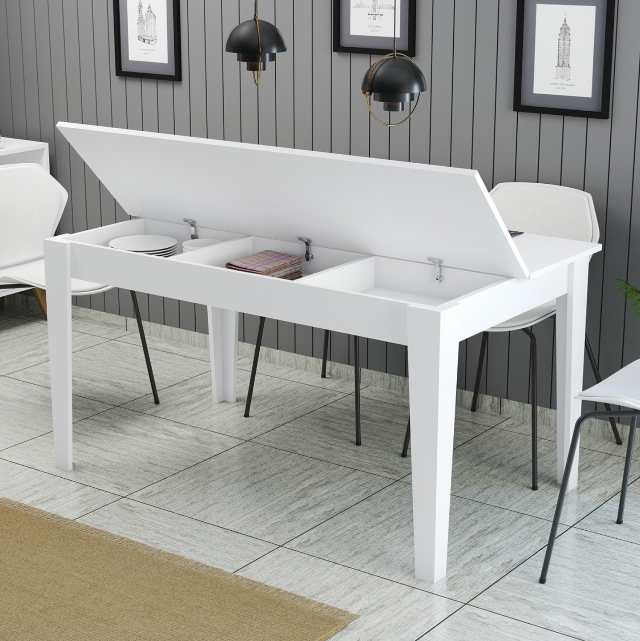DINING TABLE STANDARD HM9507.06 MELAMINE WΗΙΤΕ WITH STORAGE SPACE 145x88x75Hcm. [6]