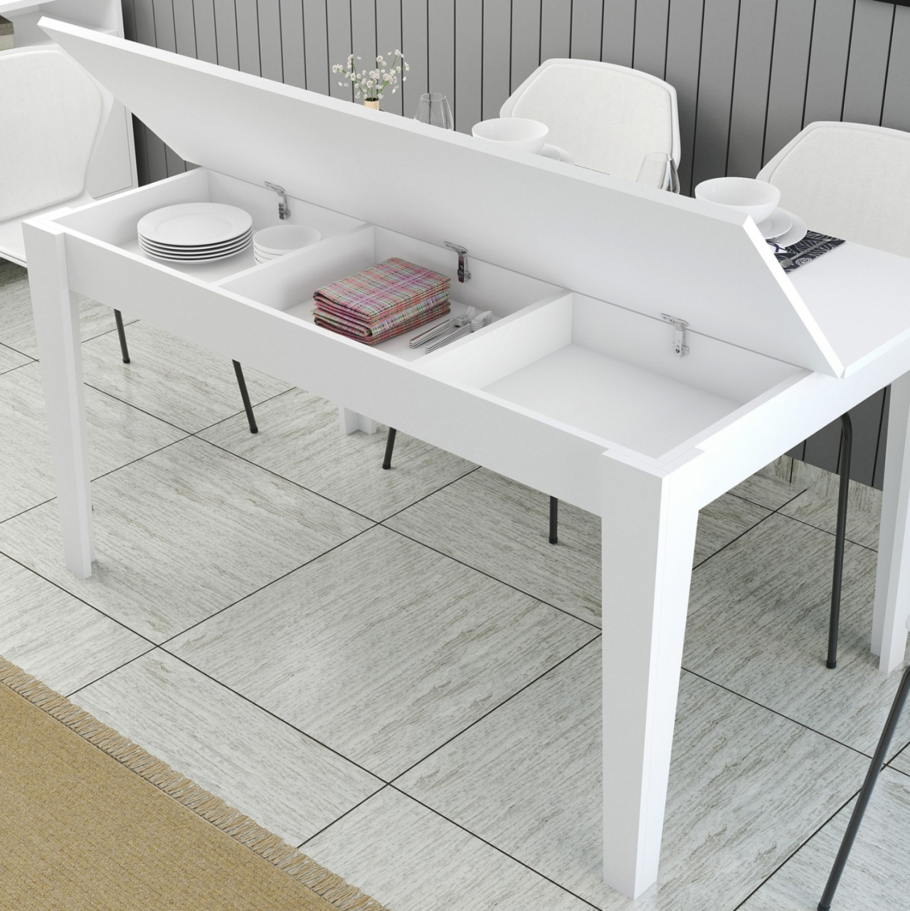DINING TABLE STANDARD HM9507.06 MELAMINE WΗΙΤΕ WITH STORAGE SPACE 145x88x75Hcm. [5]