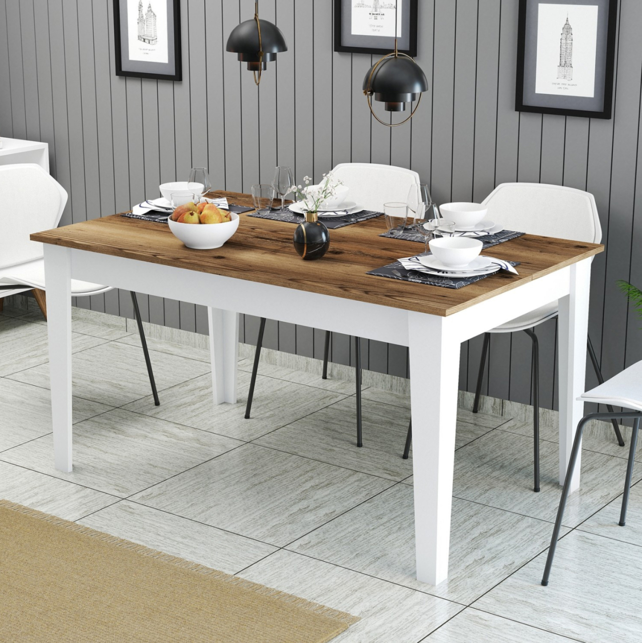 DINING TABLE STANDARD HM9507.07 MELAMINE WHITE-WALNUT WITH STORAGE SPACE 145x88x75Hcm. [3]