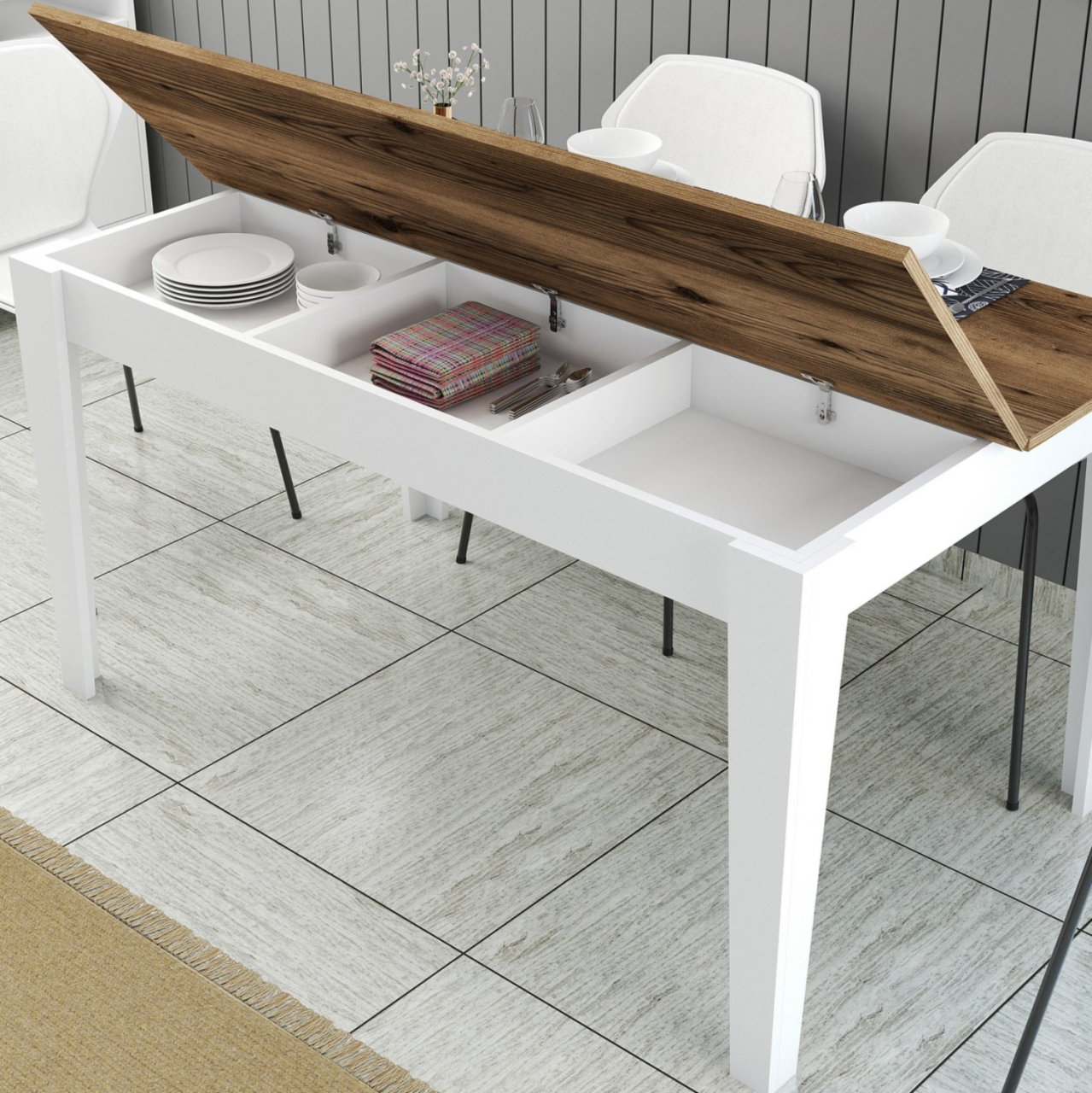 DINING TABLE STANDARD HM9507.07 MELAMINE WHITE-WALNUT WITH STORAGE SPACE 145x88x75Hcm. [5]