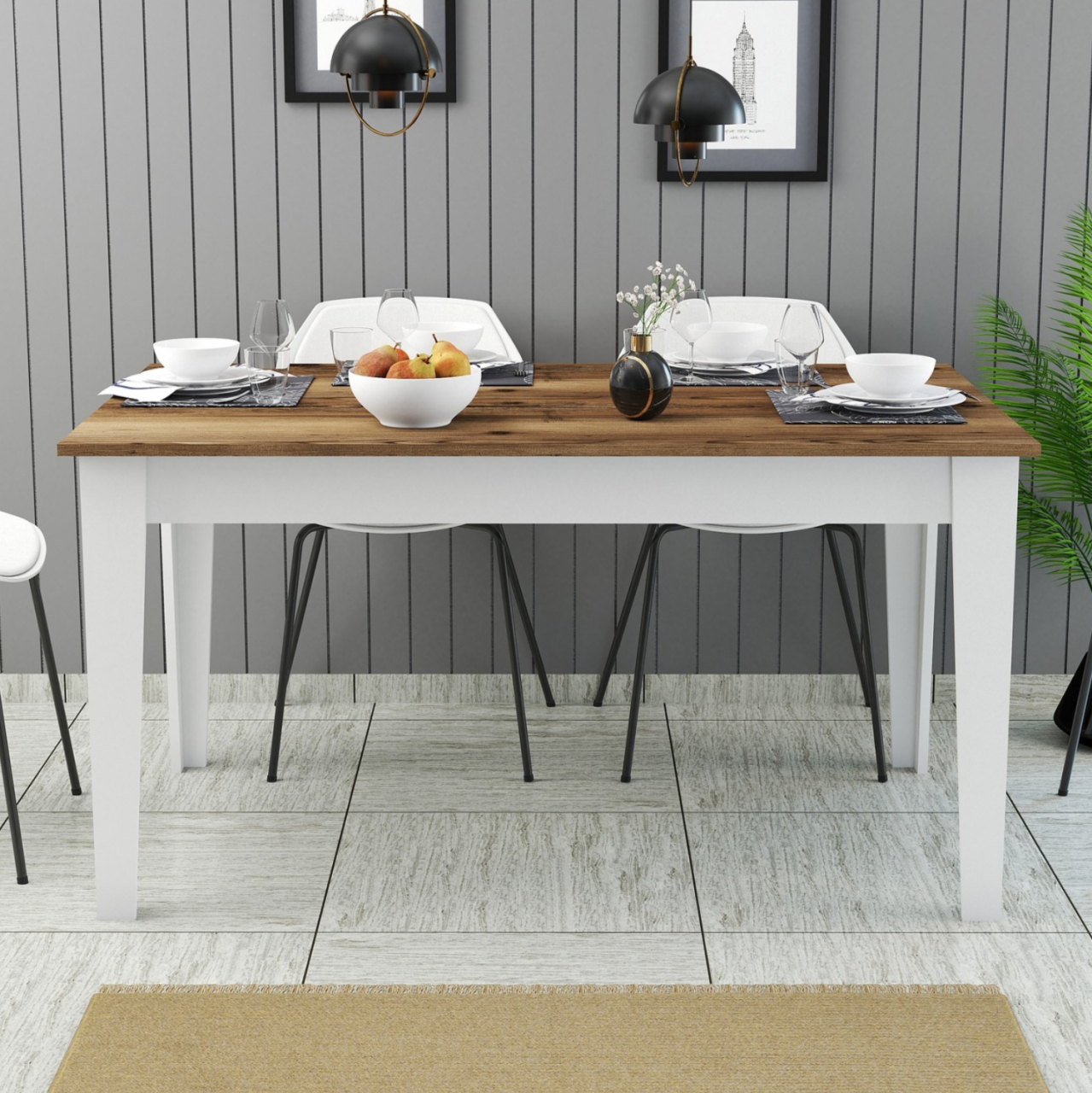 DINING TABLE STANDARD HM9507.07 MELAMINE WHITE-WALNUT WITH STORAGE SPACE 145x88x75Hcm. [4]