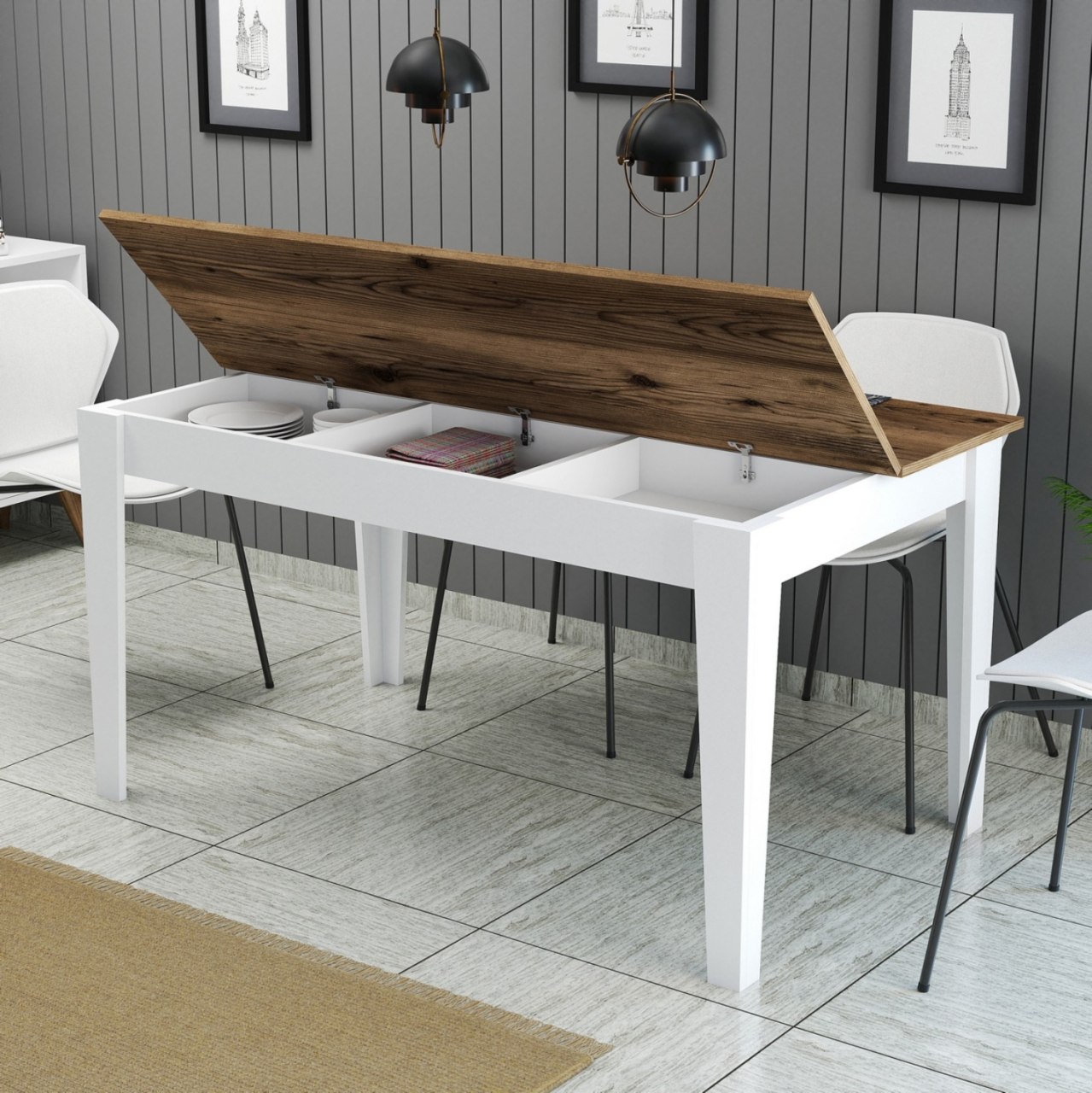 DINING TABLE STANDARD HM9507.07 MELAMINE WHITE-WALNUT WITH STORAGE SPACE 145x88x75Hcm. [6]