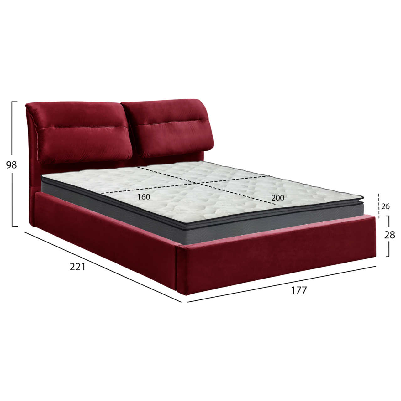 DOUBLE BED and MATTRESS KENDRA HM10720.06 BURGUNDY RED VELVET WITH STORAGE SPACE--FOR 160x200cm [3]