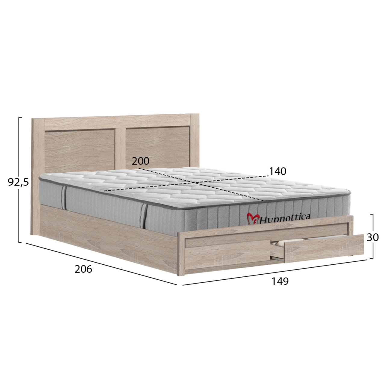 DOUBLE BED CAPRI WITH 2 DRAWERS and MATTRESS HM10759.02 MELAMINE SONAMA--FOR 140x200cm. [2]
