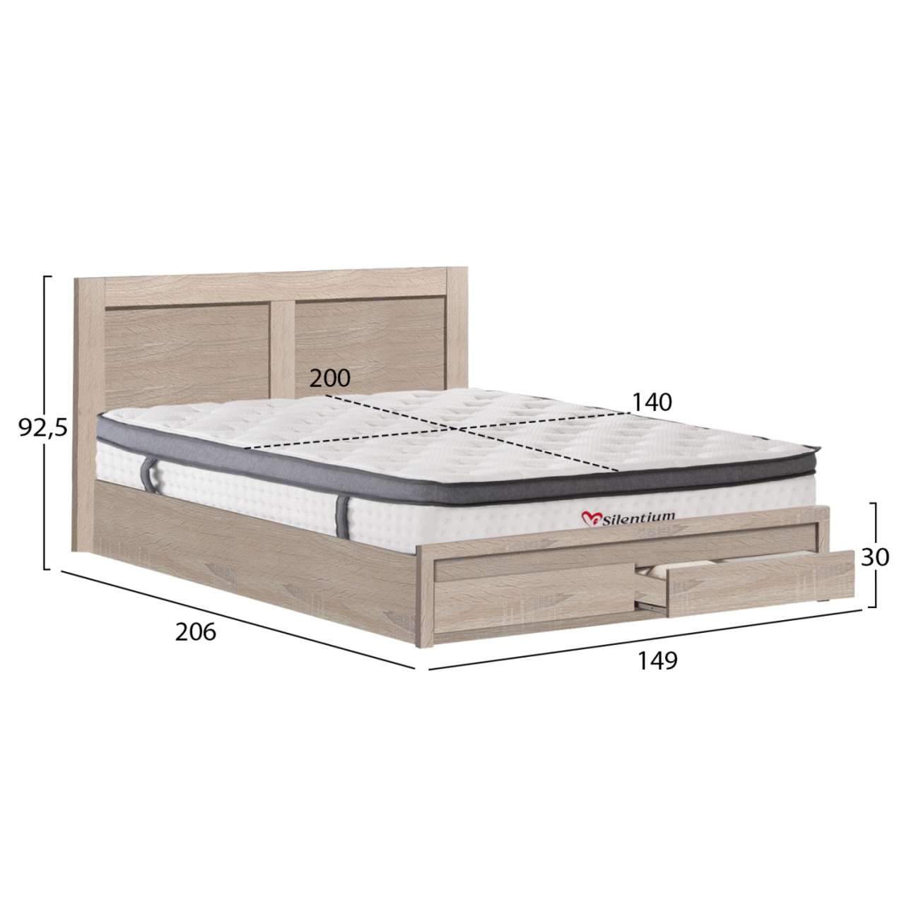 DOUBLE BED WITH 2 DRAWERS and MATTRESS CAPRI HM10747.02 MELAMINE SONAMA--FOR 140x200cm. [2]