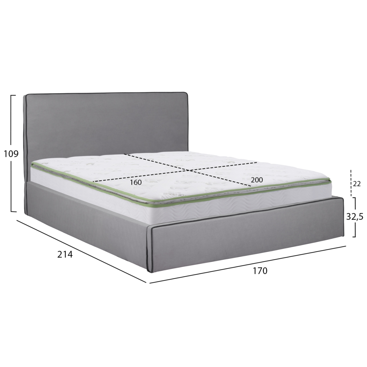 DOUBLE BED WITH MATTRESS and STORAGE SPACE ALLIE HM21170 GREY FABRIC--FOR 160X200cm. [3]