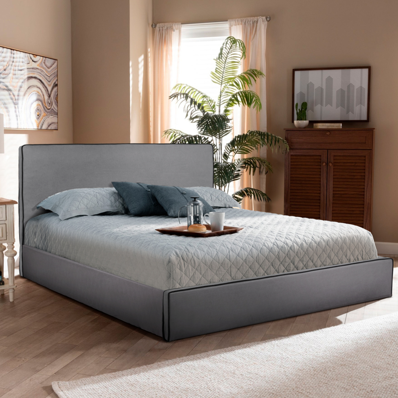 DOUBLE BED WITH MATTRESS and STORAGE SPACE ALLIE HM21170 GREY FABRIC--FOR 160X200cm. [2]