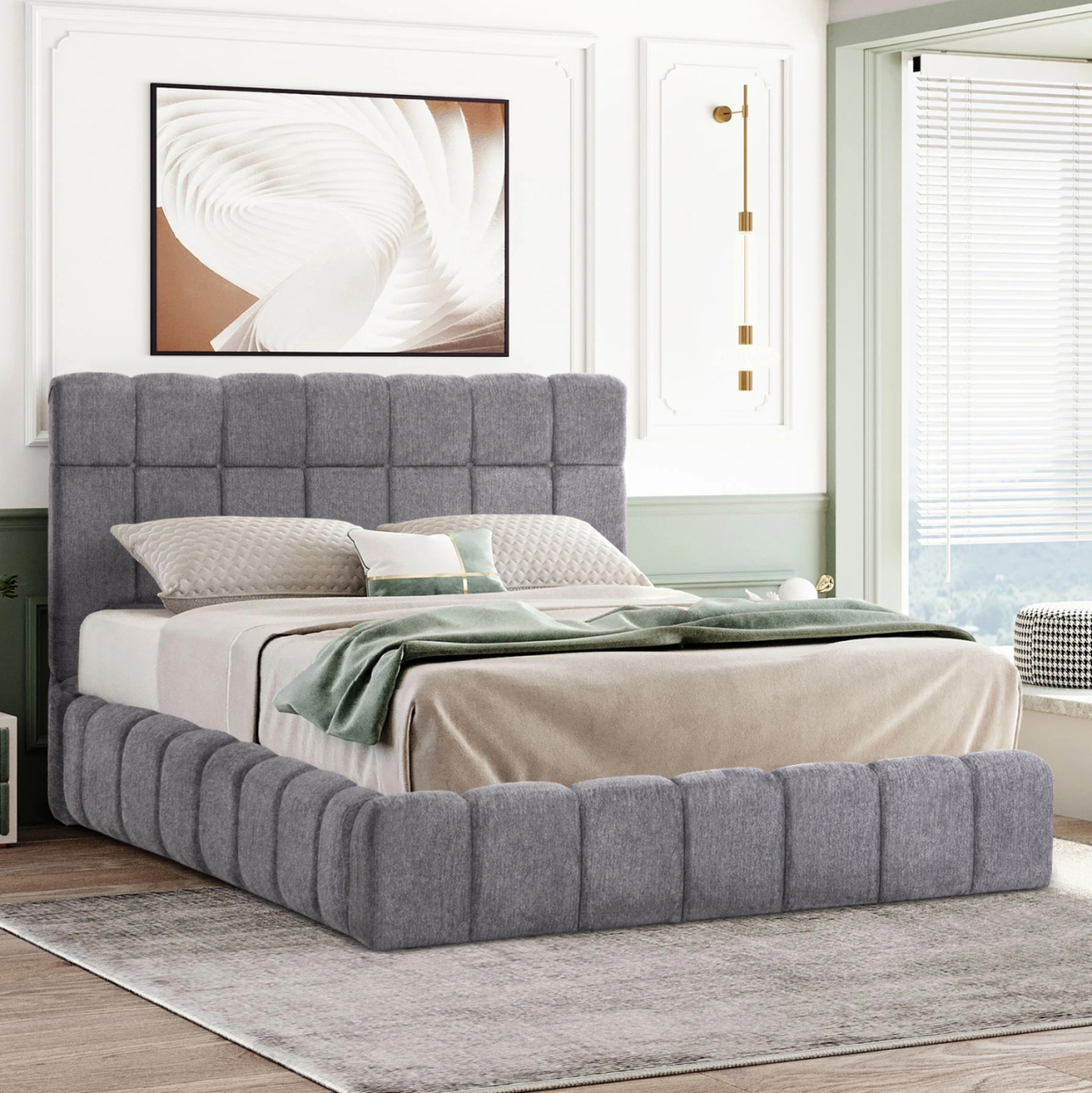 DOUBLE BED WITH MATTRESS and STORAGE SPACE RAMON HM21168 GREY BOUCLE FABRIC--FOR 160x200cm. [2]