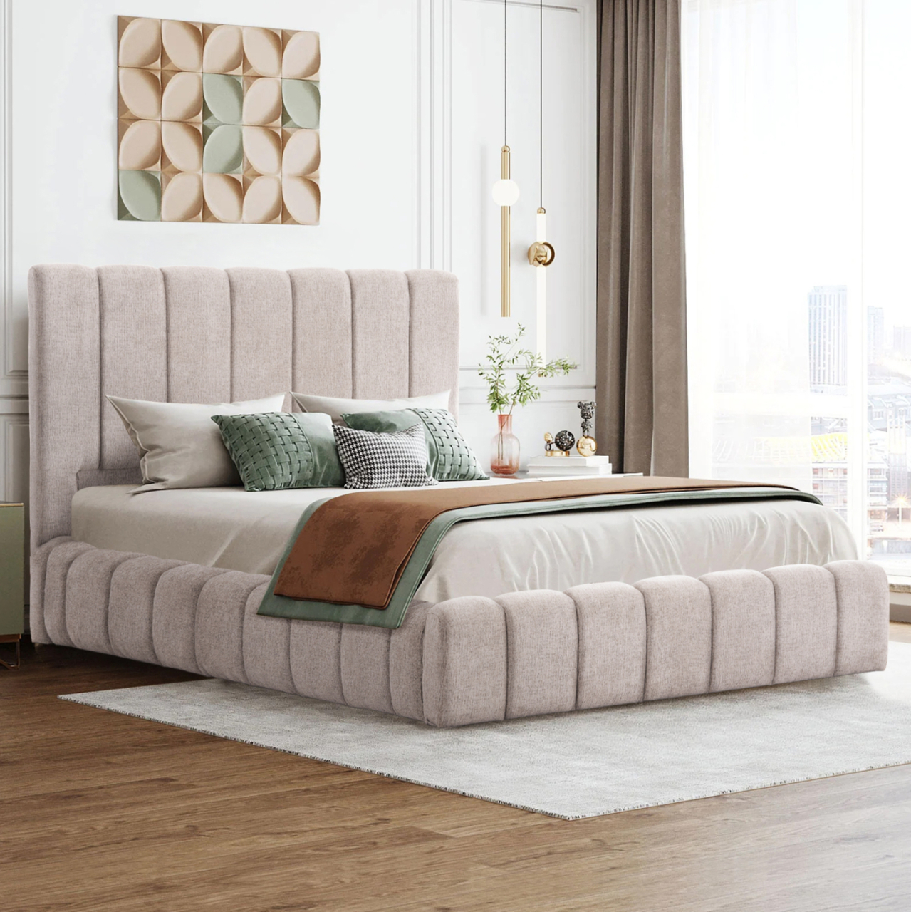 DOUBLE BED WITH MATTRESS and STORAGE SPACE REMO HM21167 BEIGE BOUCLE FABRIC--FOR 160x200cm. [2]