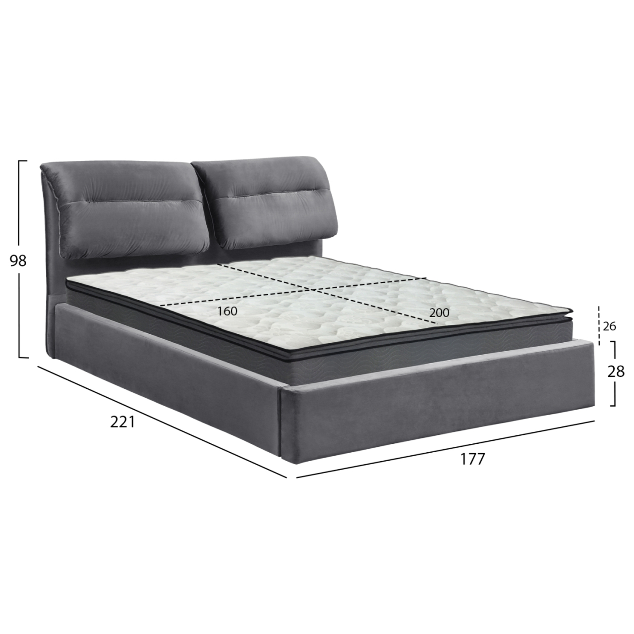 DOUBLE BED WITH MATTRESS KENDRA HM10720.01 GREY VELVET WITH STORAGE SPACE--FOR 160x200cm [3]