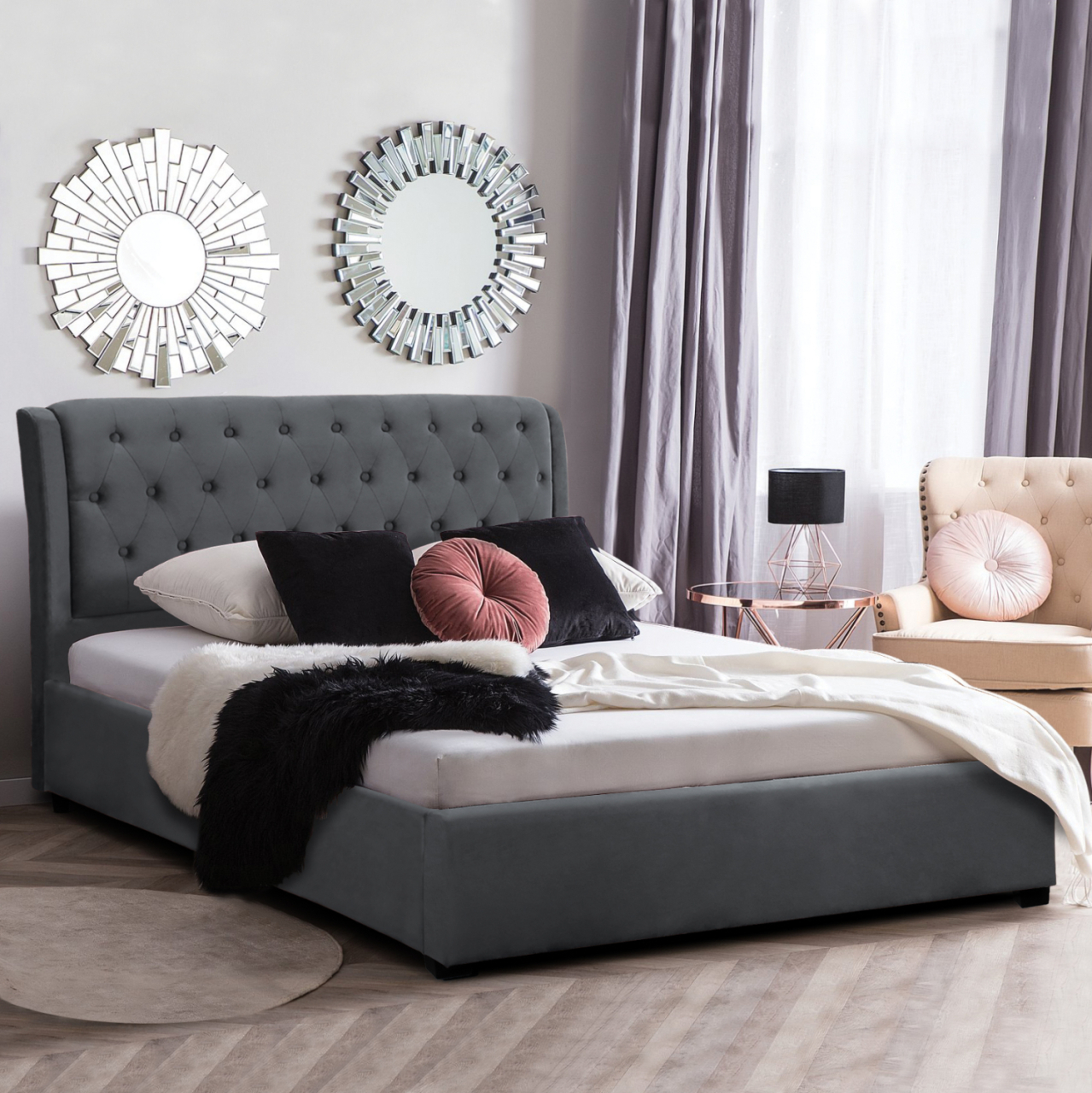 DOUBLE BED WITH MATTRESS ODALYS HM10748.11 VELVET IN GREY--FOR MATTRESS 150x200cm. [2]