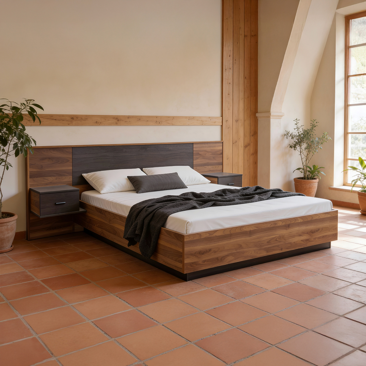 DOUBLE BED WITH NIGHTSTANDS CARYS HM744.11 MELAMINE IN WALNUT/ZEBRANO--MATTRESS 160x200cm [2]