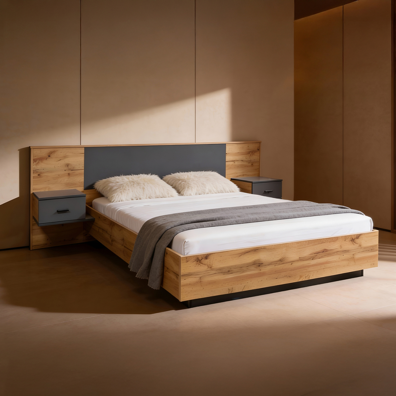 DOUBLE BED WITH NIGHTSTANDS CARYS HM744.12 MELAMINE IN NATURAL/GREY--MATTRESS 160x200cm [2]