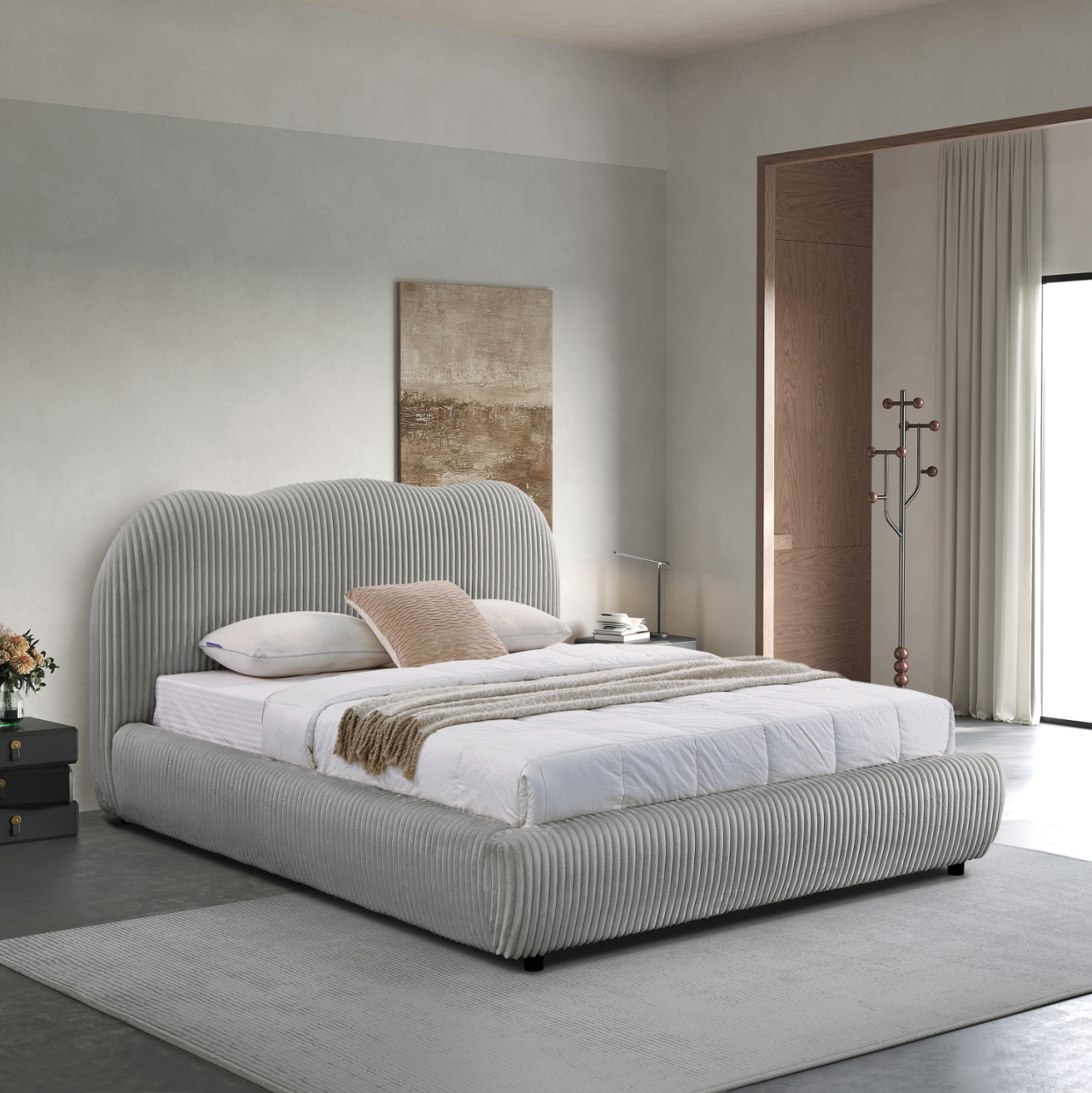 DOUBLE BED WITH STORAGE SPACE KALLY HM729.01 GREY FEAUX FUR FABRIC--MATTRESS 160x200cm. [2]
