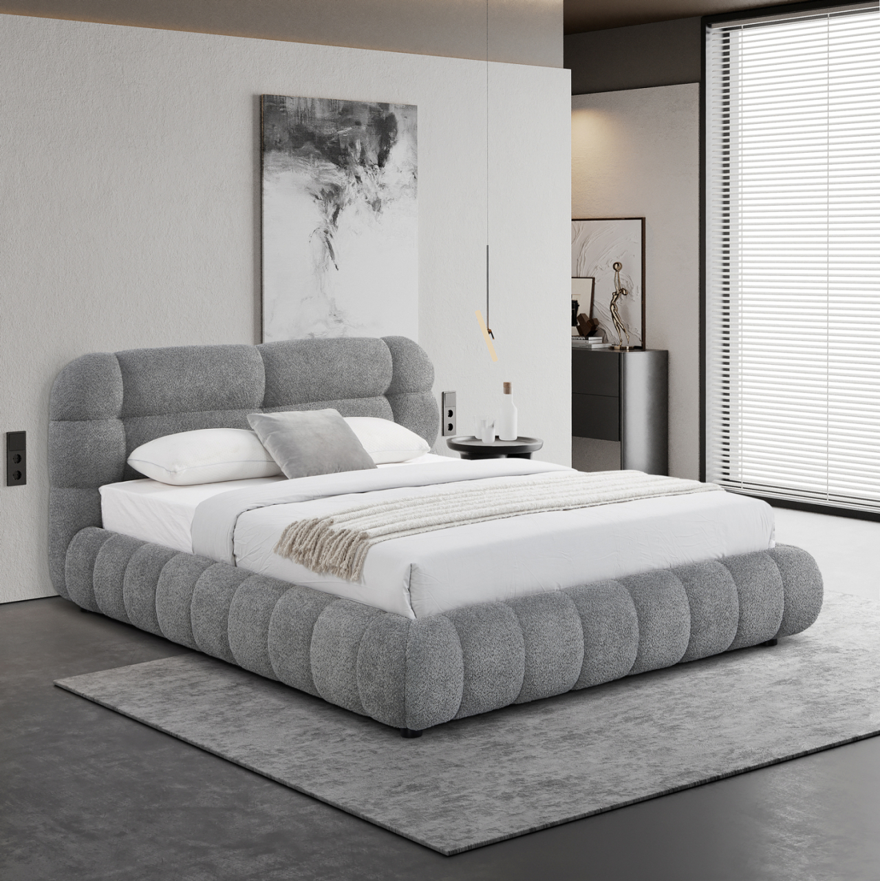 DOUBLE BED WITH STORAGE SPACE MOLEN HM730.01 GREY BOUCLE FABRIC--MATTRESS 160x200cm. [2]