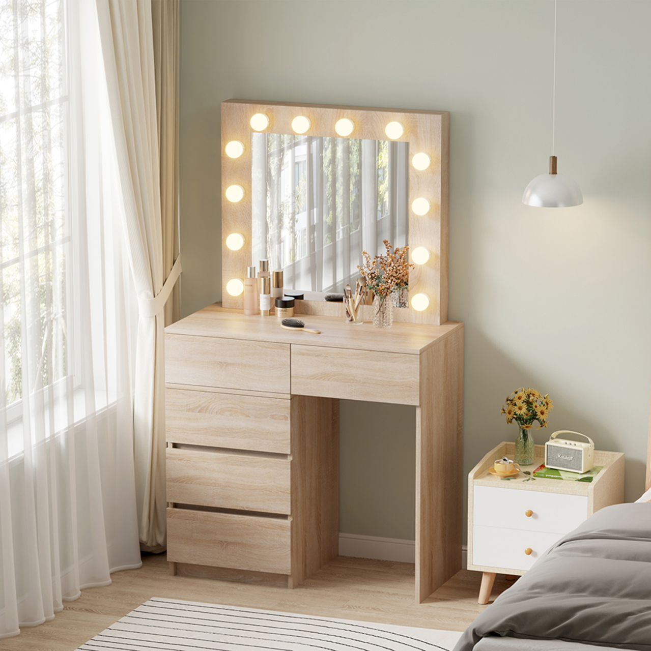 DRESSING TABLE WITH LED LIGHTS and DRAWERS BEYON HM2500.01 MELAMINE IN SONAMA 112.5x40.5x140Hcm. [2]