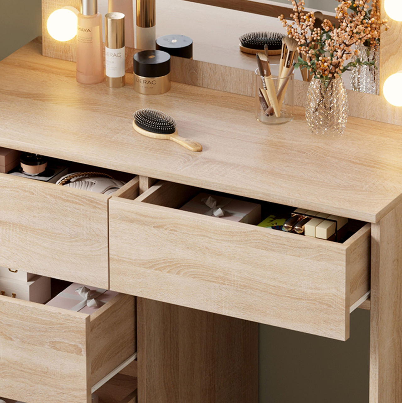 DRESSING TABLE WITH LED LIGHTS and DRAWERS BEYON HM2500.01 MELAMINE IN SONAMA 112.5x40.5x140Hcm. [6]