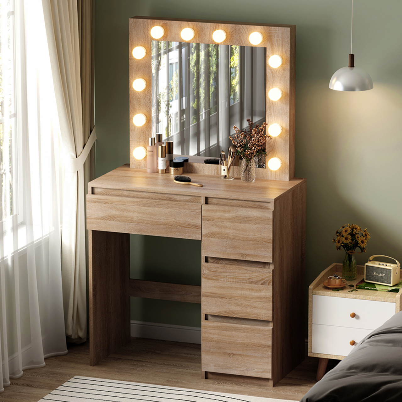 DRESSING TABLE WITH LED LIGHTS and DRAWERS KEITLIN HM2499.01 MELAMINE IN SONAMA 80x40x140Hcm. [2]