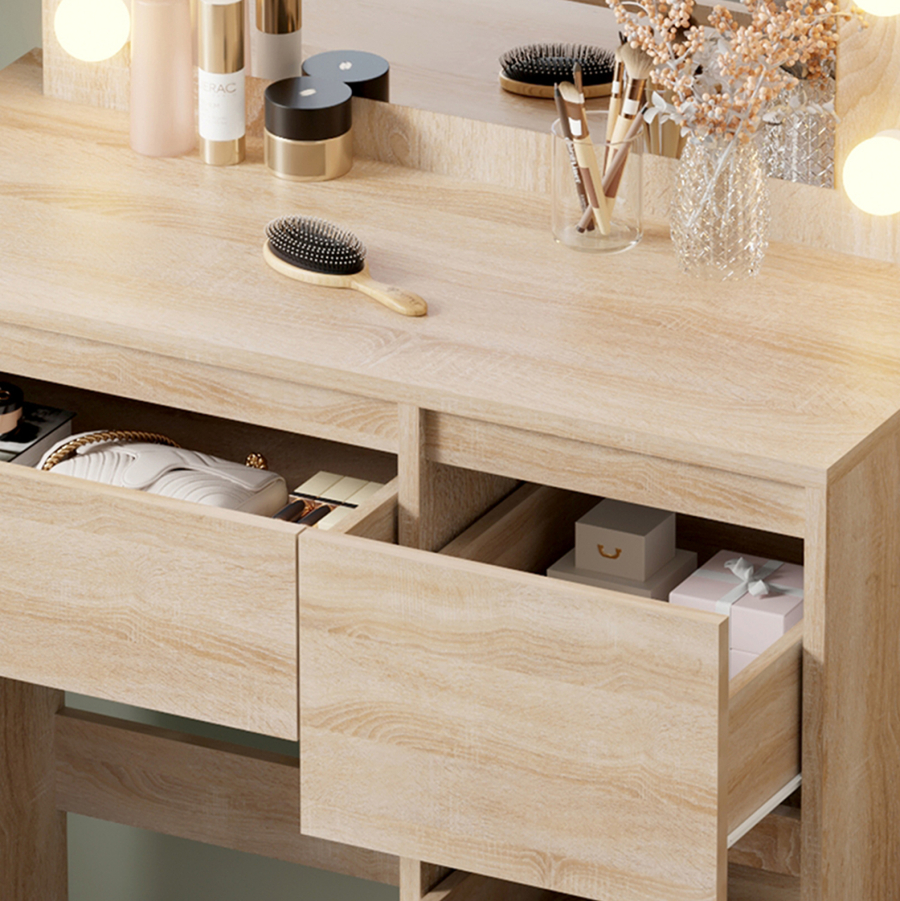 DRESSING TABLE WITH LED LIGHTS and DRAWERS KEITLIN HM2499.01 MELAMINE IN SONAMA 80x40x140Hcm. [4]