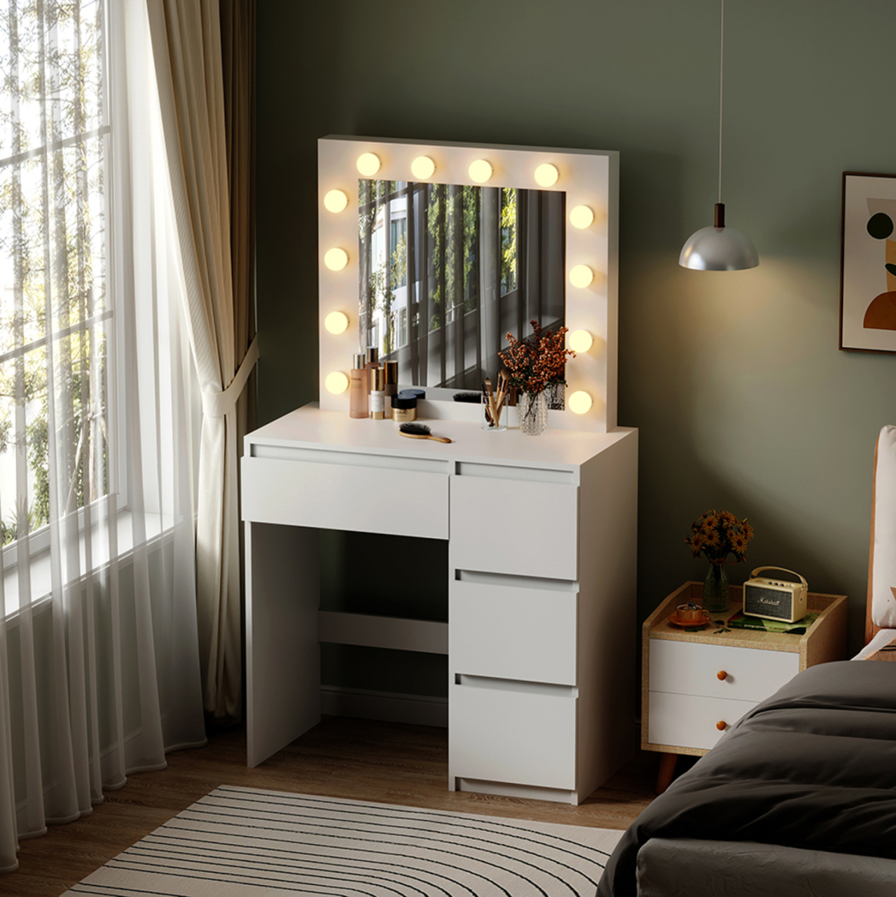 DRESSING TABLE WITH LED LIGHTS and DRAWERS KEITLIN HM2499.03 MELAMINE IN WHITE 80x40x140Hcm. [2]