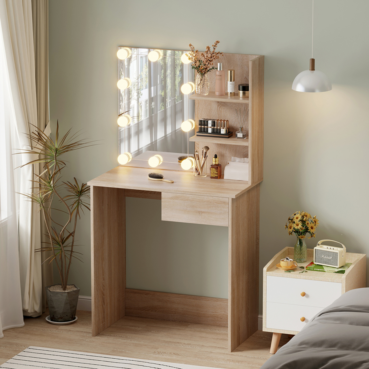DRESSING TABLE WITH LED LIGHTS and SHELVES LAURYN HM2501.01 MELAMINE IN SONAMA 75x40x134.5Hcm. [2]