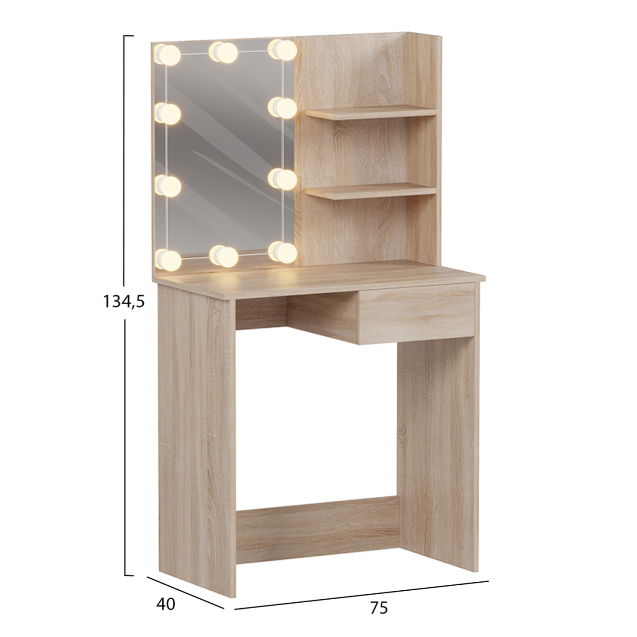 DRESSING TABLE WITH LED LIGHTS and SHELVES LAURYN HM2501.01 MELAMINE IN SONAMA 75x40x134.5Hcm. [3]