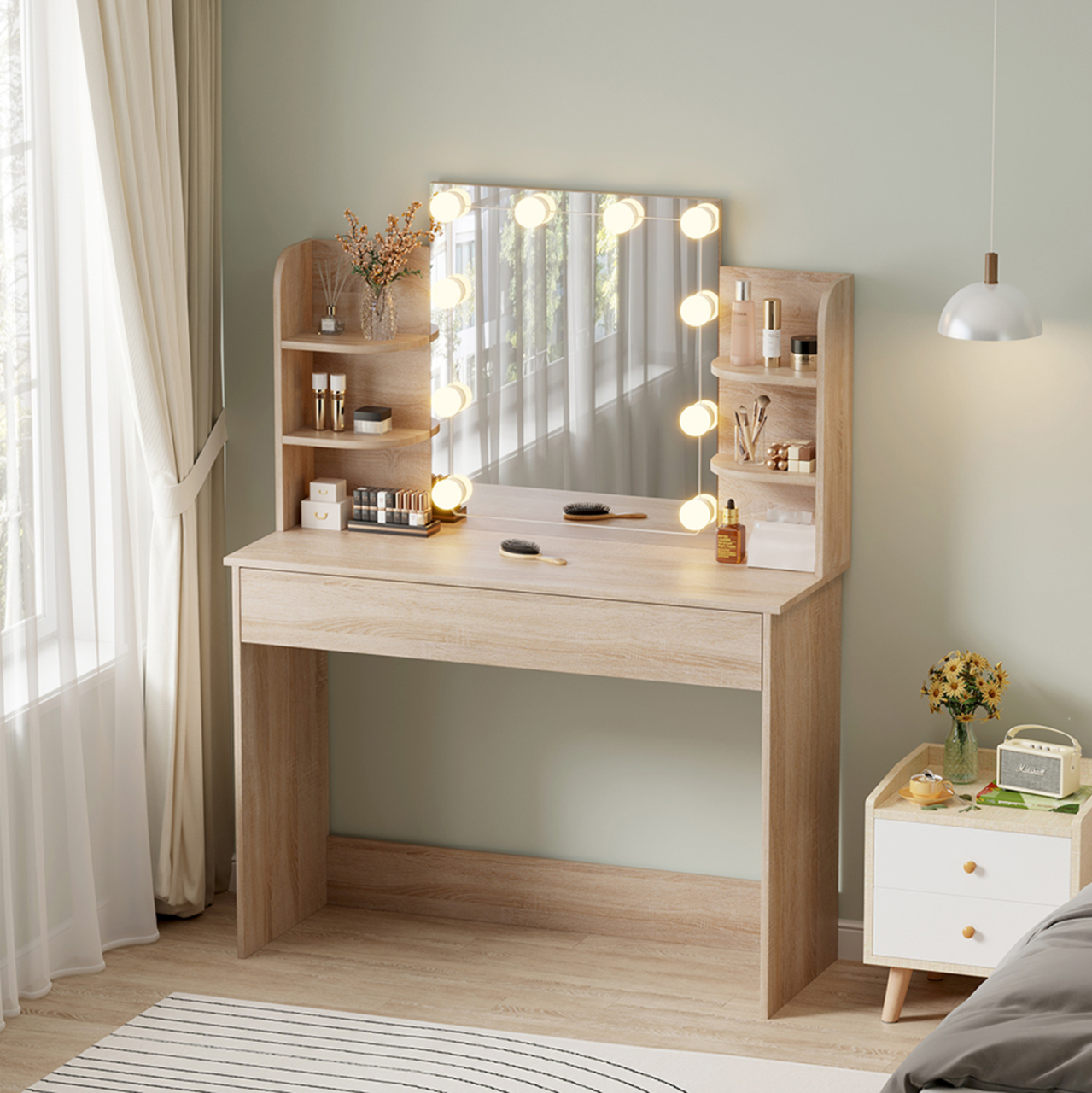 DRESSING TABLE WITH LED LIGHTS-SHELVES-DRAWERS LAURYN HM2502.01 SONAMA COLOR 108x40x140Hcm. [2]