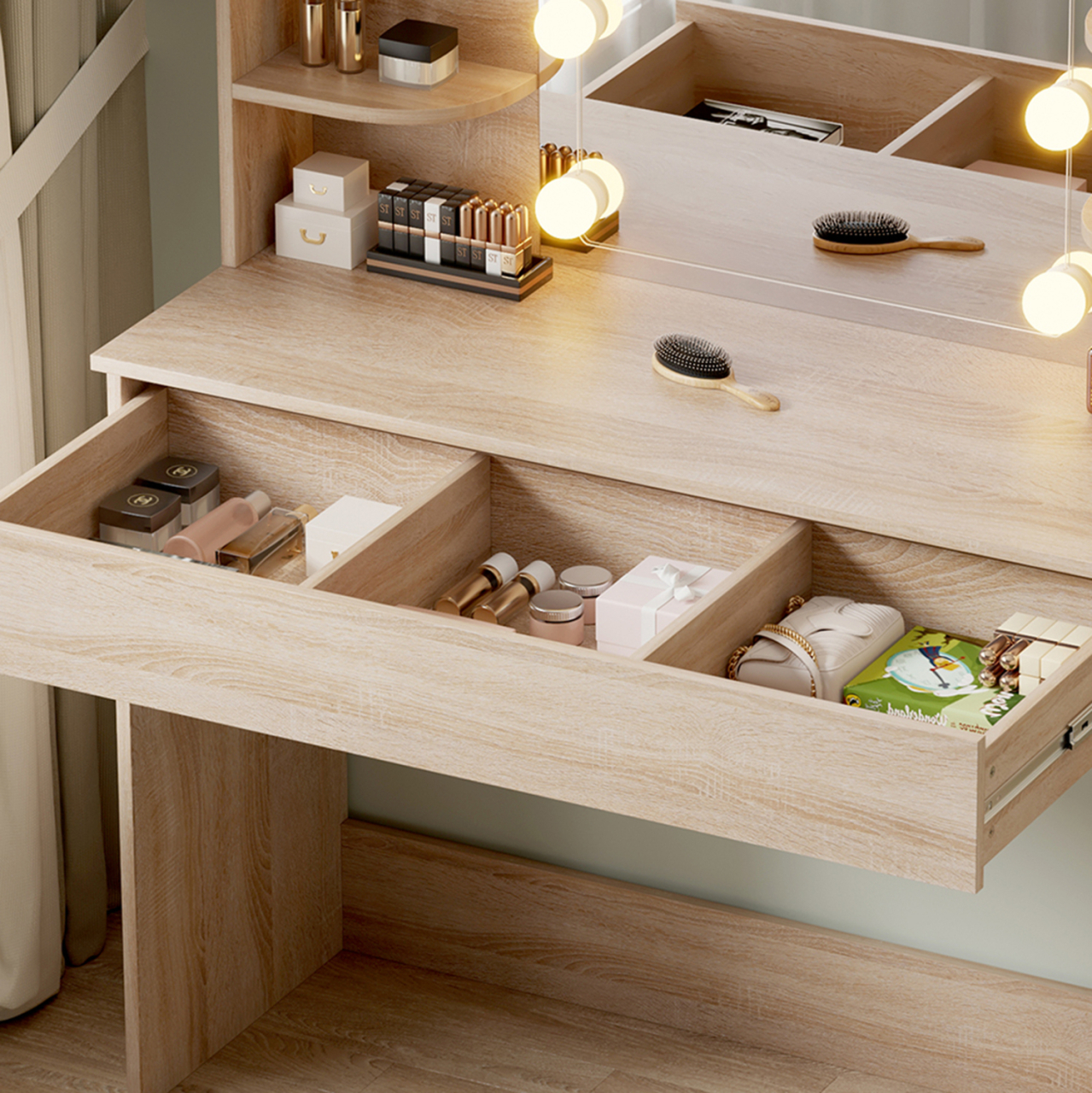 DRESSING TABLE WITH LED LIGHTS-SHELVES-DRAWERS LAURYN HM2502.01 SONAMA COLOR 108x40x140Hcm. [4]
