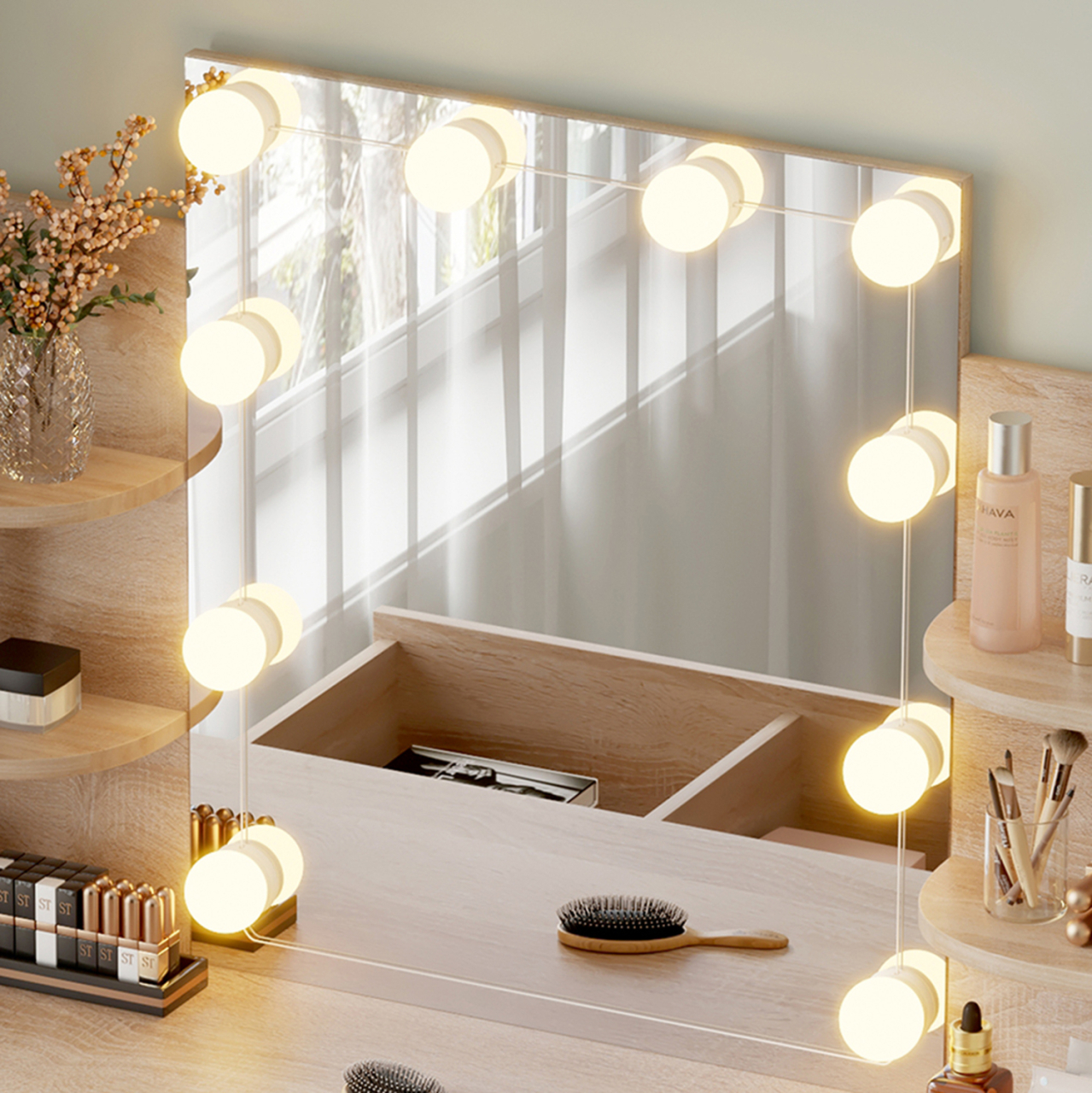 DRESSING TABLE WITH LED LIGHTS-SHELVES-DRAWERS LAURYN HM2502.01 SONAMA COLOR 108x40x140Hcm. [6]