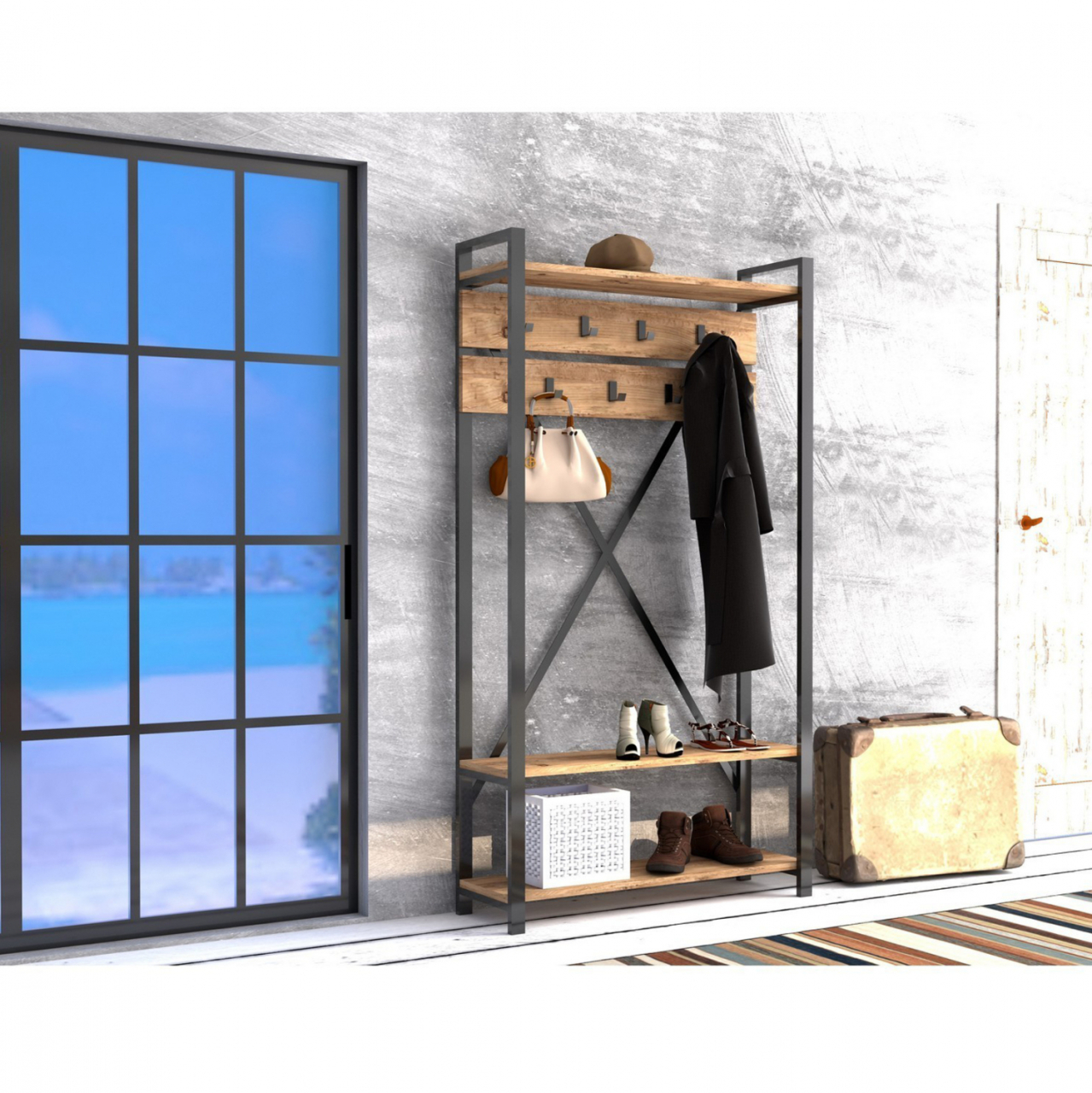 ENTRANCE FURNITURE HM8943.01 NATURAL WOOD and BLACK 90x34x180 cm. [4]