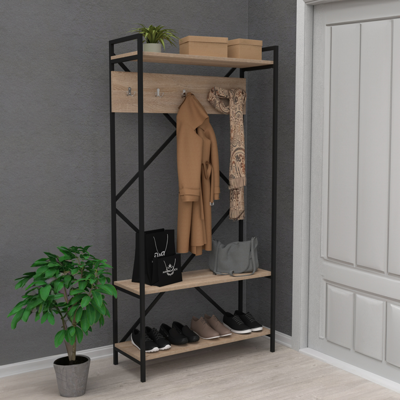 ENTRANCE FURNITURE NAVIS HM18188 MELAMINE IN SONAMA-BLACK METAL FRAME 90x34x180Hcm. [3]