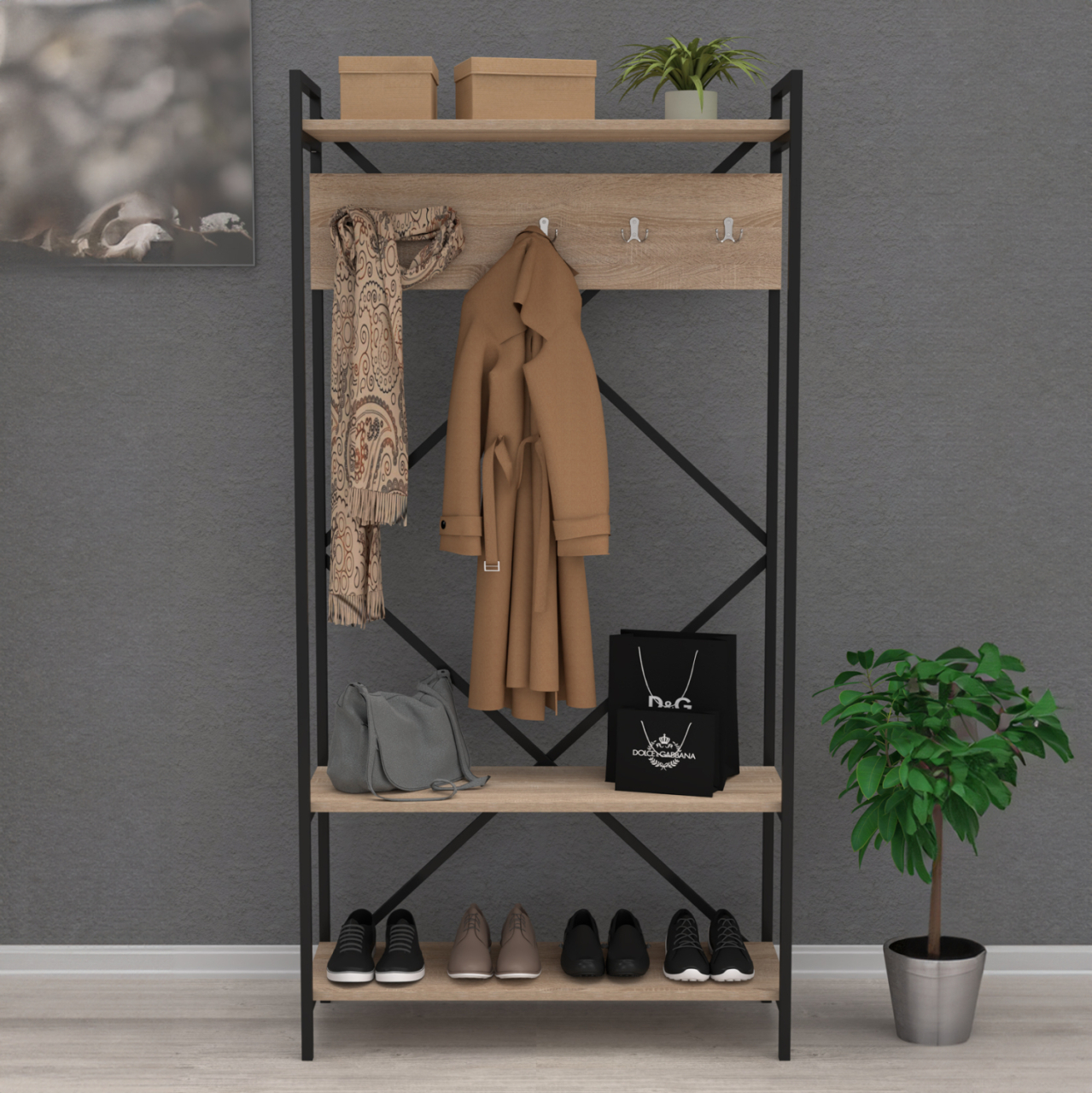 ENTRANCE FURNITURE NAVIS HM18188 MELAMINE IN SONAMA-BLACK METAL FRAME 90x34x180Hcm. [4]