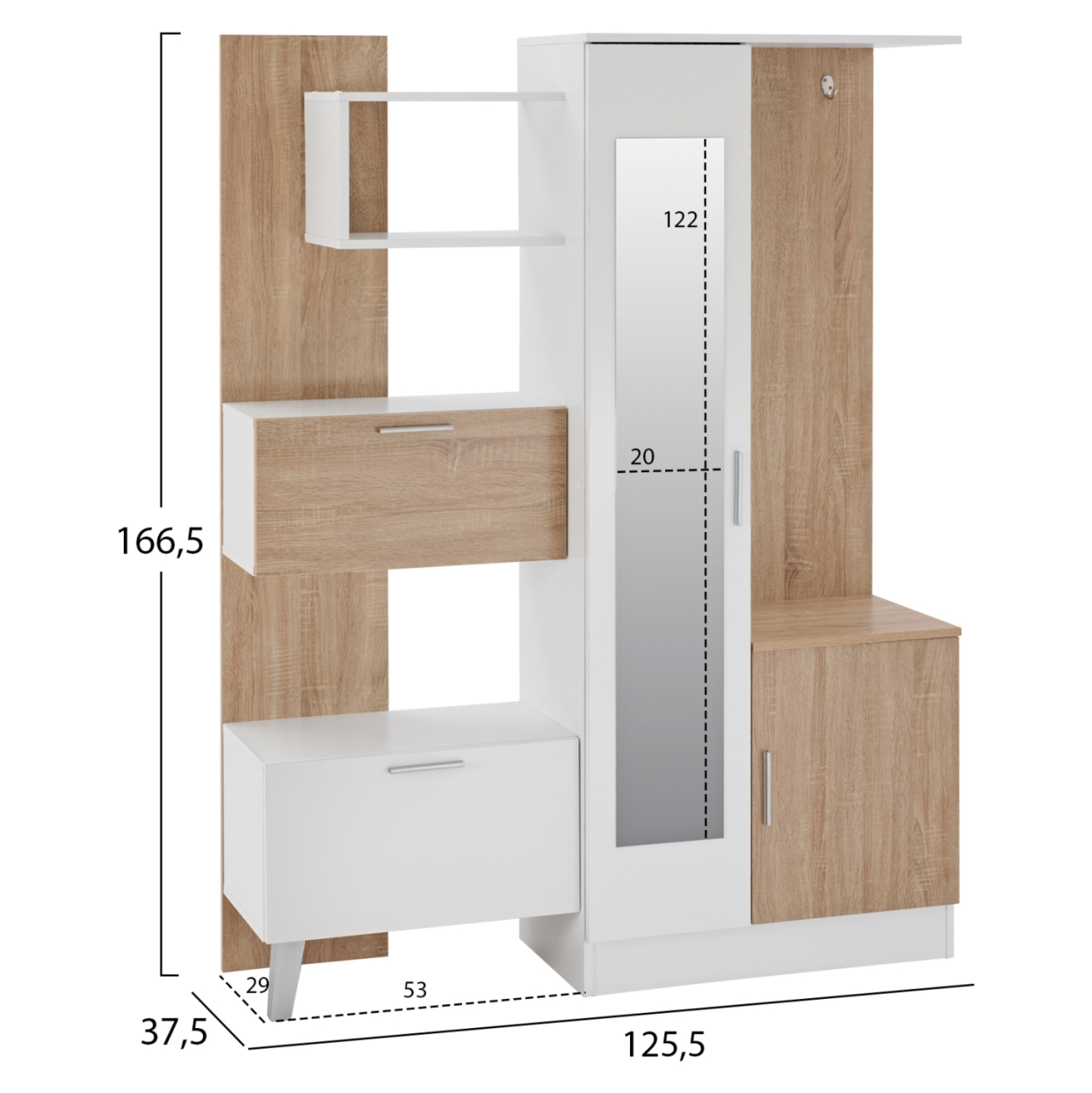 ENTRANCE FURNITURE WITH SHELVES AND MIRROR HM2265 WHITE-SONAMA 125,5x37,5x166,5cm [2]