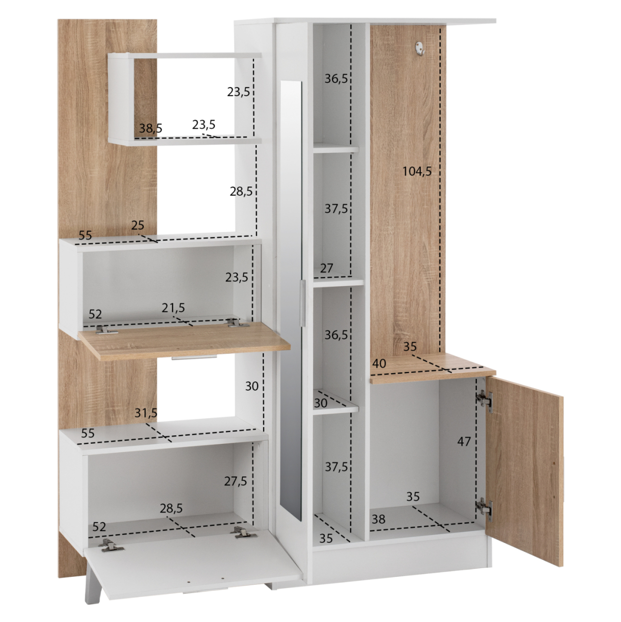 ENTRANCE FURNITURE WITH SHELVES AND MIRROR HM2265 WHITE-SONAMA 125,5x37,5x166,5cm [3]