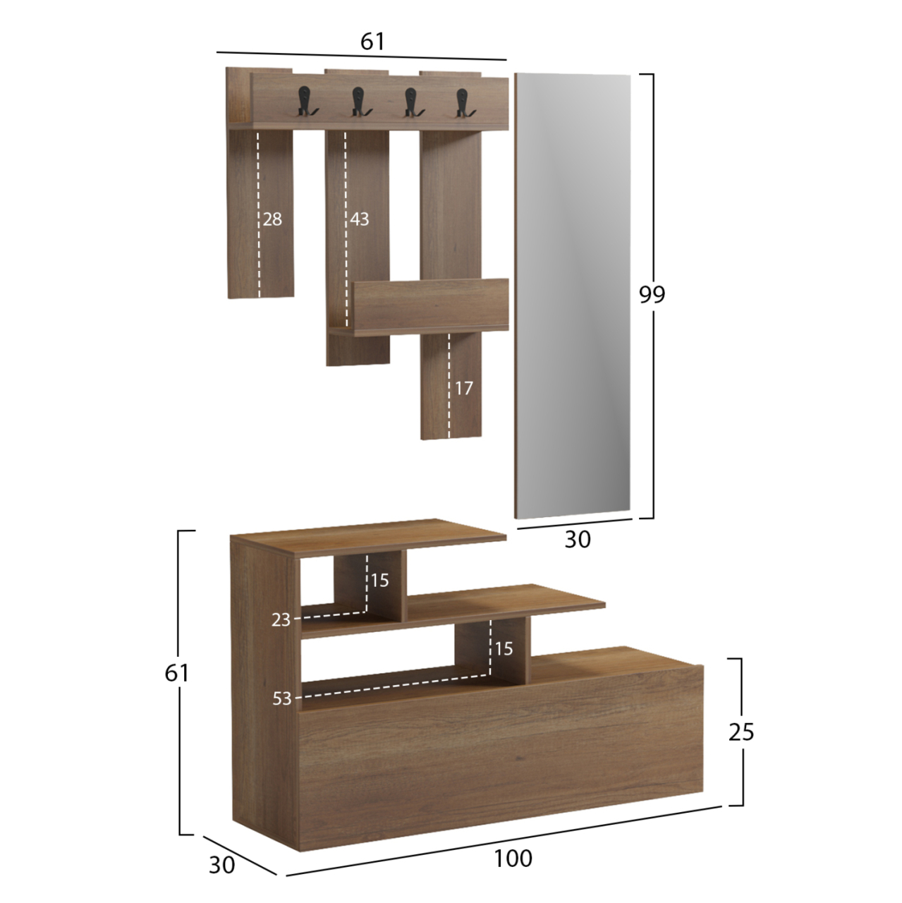 ENTRANCE FURNITURE WITH WALL MIRROR MEZZO HM18380.01 MELAMINE IN NATURAL 100x30x61Hcm [2]