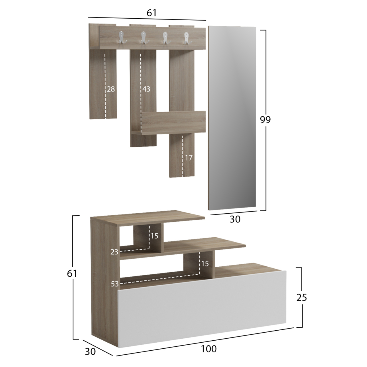 ENTRANCE FURNITURE WITH WALL MIRROR MEZZO HM18380.11 MELAMINE IN SONAMA/WHITE 100x30x61Hcm [2]