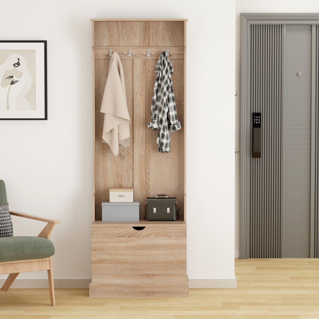ENTRYWAY FURNITURE KAYLOR HM2474.01 WITH HOOKSandSTORAGE SPACE-MDF IN SONAMA 65x34x180Hcm. [5]