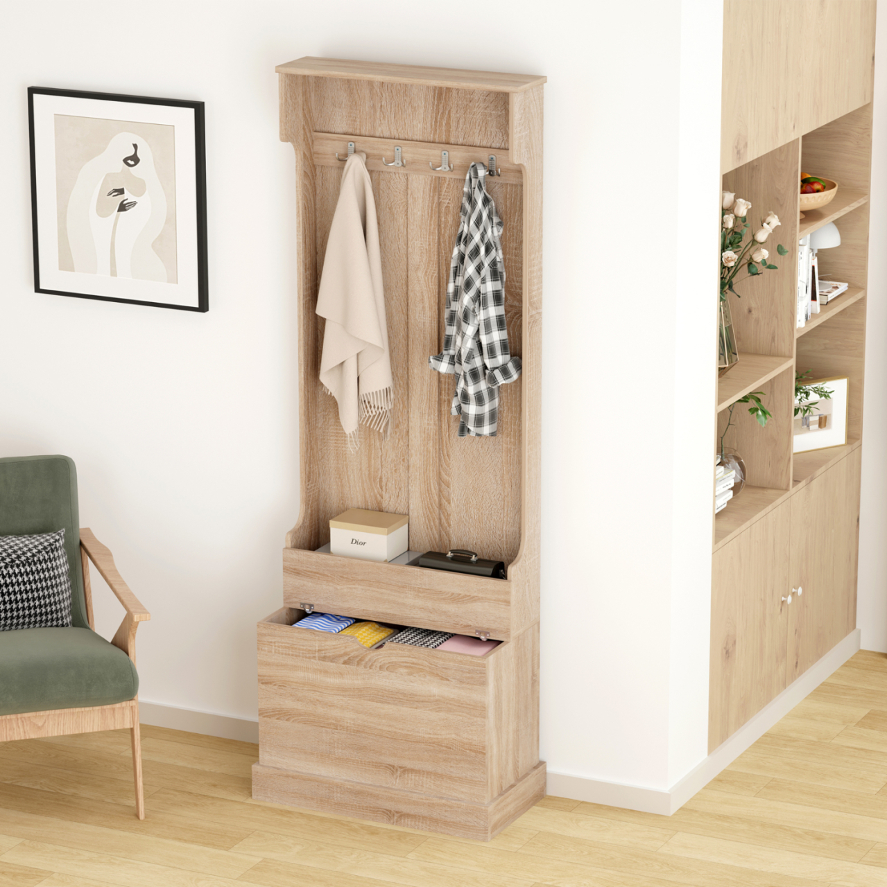 ENTRYWAY FURNITURE KAYLOR HM2474.01 WITH HOOKSandSTORAGE SPACE-MDF IN SONAMA 65x34x180Hcm. [4]