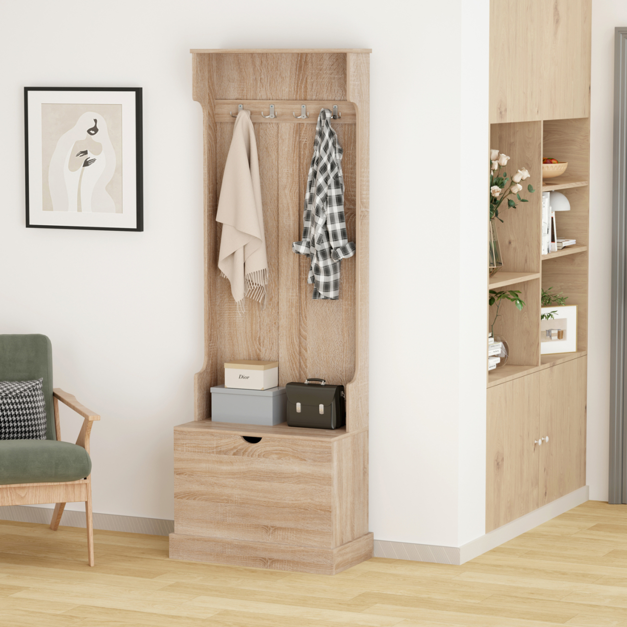 ENTRYWAY FURNITURE KAYLOR HM2474.01 WITH HOOKSandSTORAGE SPACE-MDF IN SONAMA 65x34x180Hcm. [3]