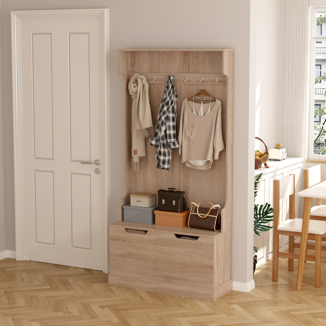 ENTRYWAY FURNITURE KAYLOR HM2475.01 WITH HOOKSandSTORAGE SPACE-MDF IN SONAMA 93x34x180Hcm. [3]