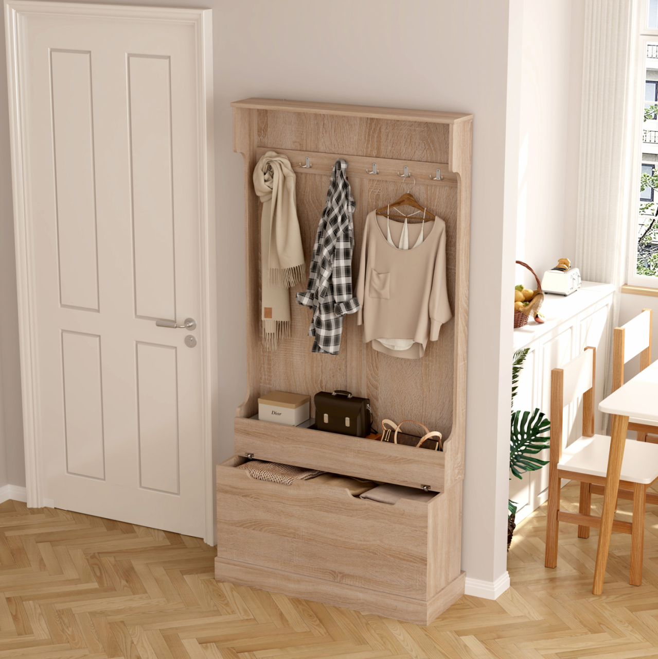 ENTRYWAY FURNITURE KAYLOR HM2475.01 WITH HOOKSandSTORAGE SPACE-MDF IN SONAMA 93x34x180Hcm. [4]