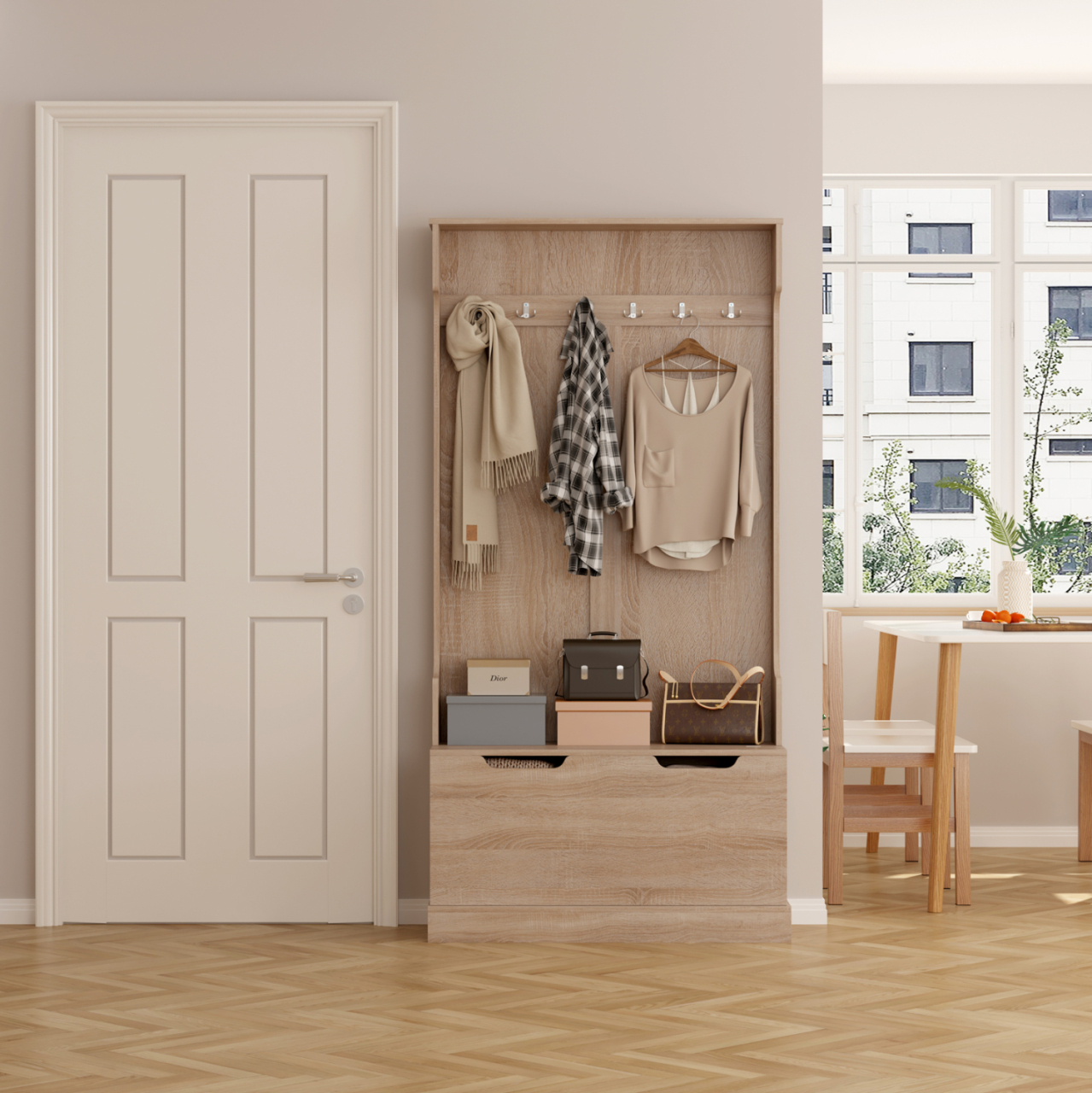 ENTRYWAY FURNITURE KAYLOR HM2475.01 WITH HOOKSandSTORAGE SPACE-MDF IN SONAMA 93x34x180Hcm. [5]