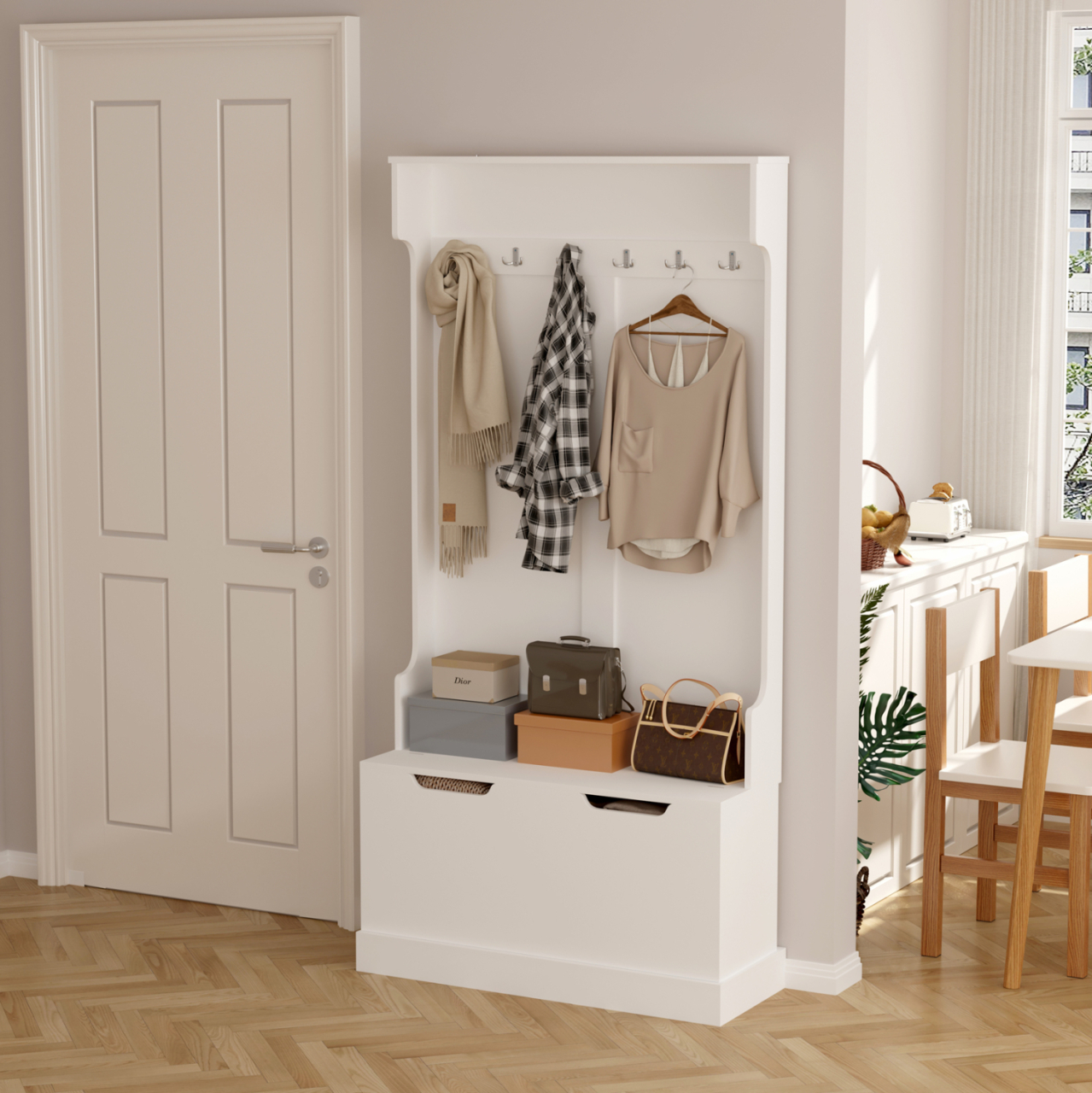 ENTRYWAY FURNITURE KAYLOR HM2475.03 WITH HOOKSandSTORAGE SPACE-MDF IN WHITE 93x34x180Hcm. [3]