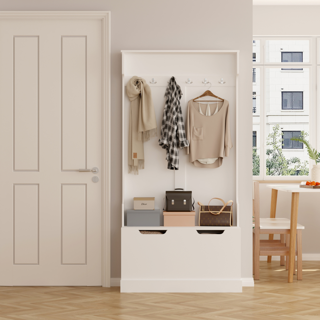ENTRYWAY FURNITURE KAYLOR HM2475.03 WITH HOOKSandSTORAGE SPACE-MDF IN WHITE 93x34x180Hcm. [5]