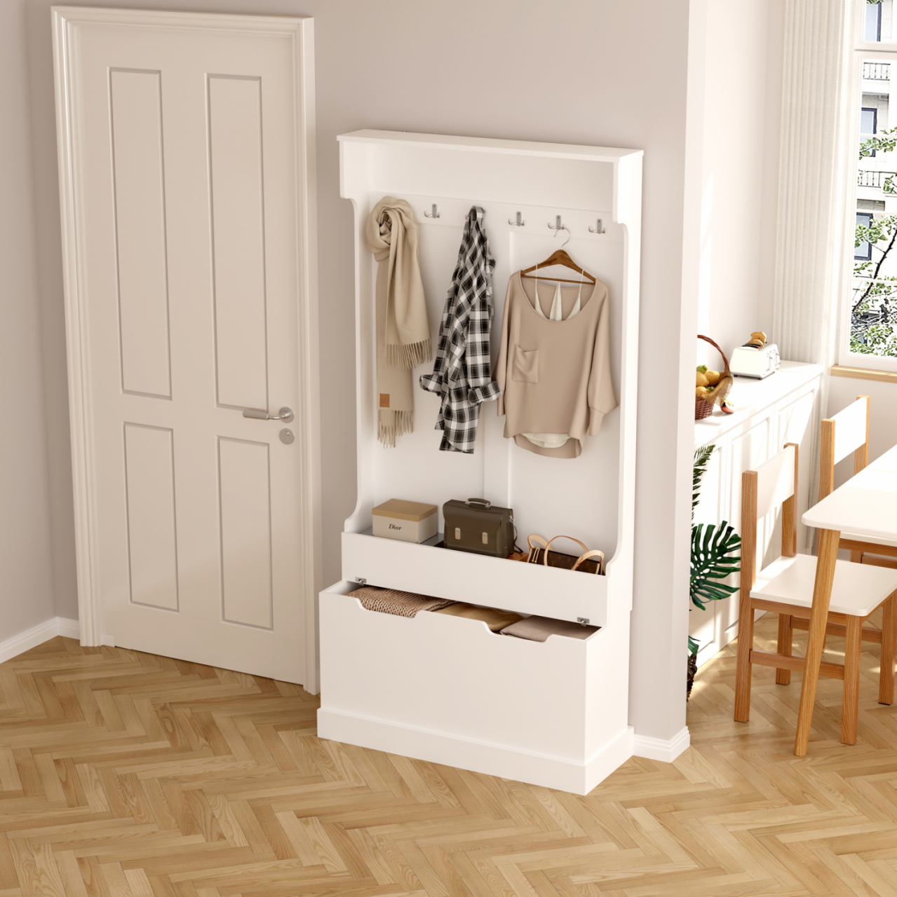 ENTRYWAY FURNITURE KAYLOR HM2475.03 WITH HOOKSandSTORAGE SPACE-MDF IN WHITE 93x34x180Hcm. [4]