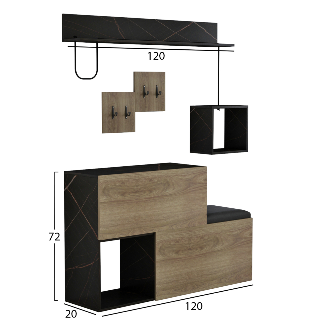 ENTRYWAY FURNITURE SET CERB HM8957.12 MELAMINE IN NATURAL-BLACK MARBLE 120x20x72Hcm. [2]