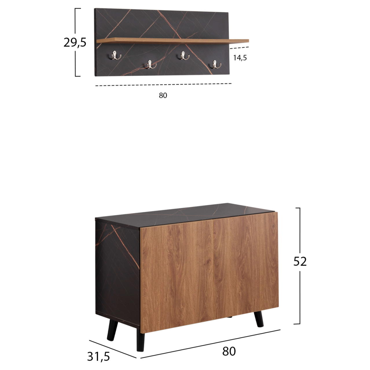 ENTRYWAY FURNITURE SET DELPHINE HM8876.12 MELAMINE IN BLACK MARBLE-NATURAL WOOD 80x31.5x52Hcm. [2]