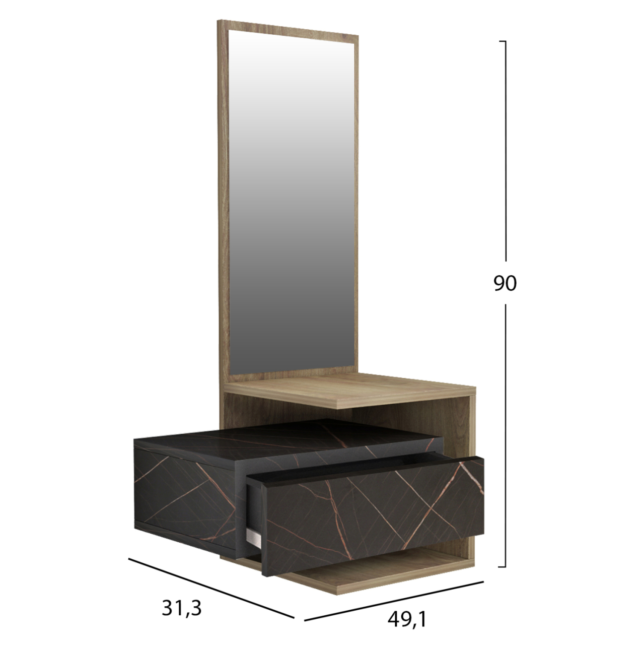 ENTRYWAY FURNITURE (WALL) WITH MIRROR MEARA HM8984.13 MELAMINE IN NATURAL-BLACK MARBLE 49,1x31,3x90Hcm. [2]