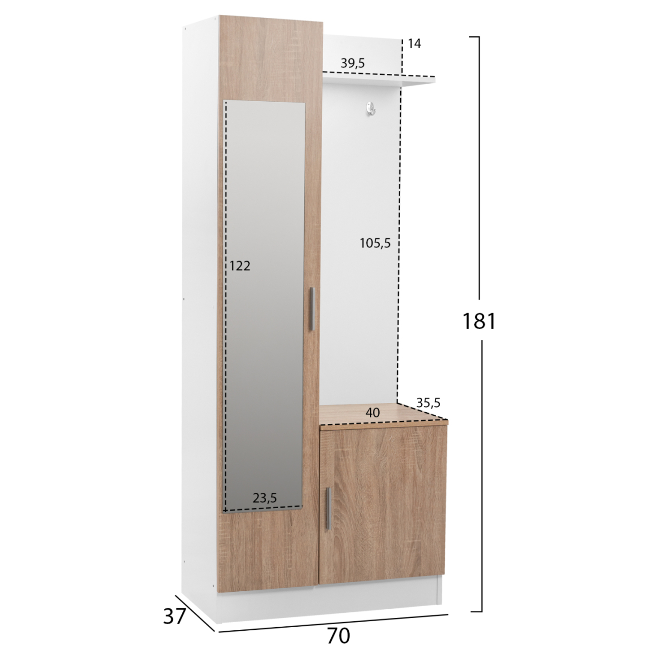 Entryway Furniture with mirror Janice HM2264 Sonama White 70,3x37,1x181,8 cm. [2]