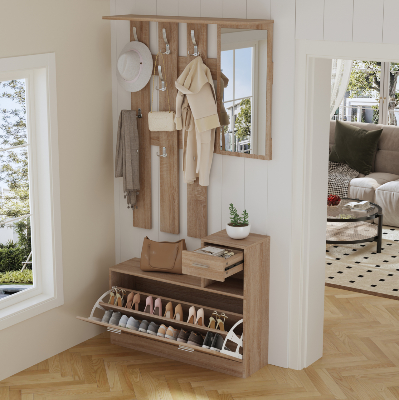ENTRYWAY SET WITH MIRROR GORN HM2473.01 MELAMINE IN SONAMA 90x24x190Hcm. [4]
